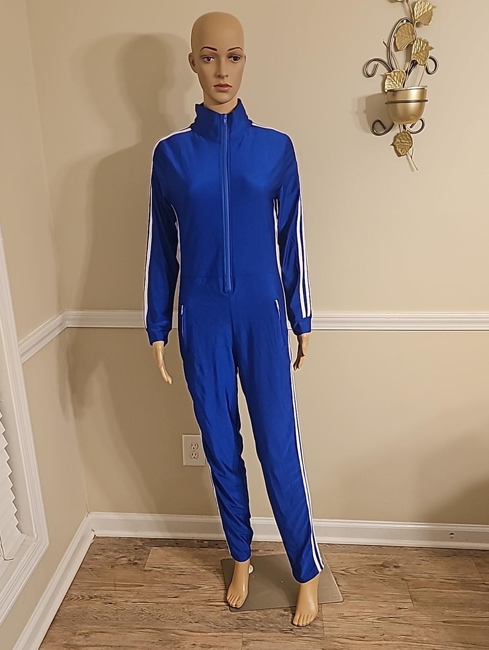 Royal Blue Zip-Up Track Jumpsuit with White Stripes